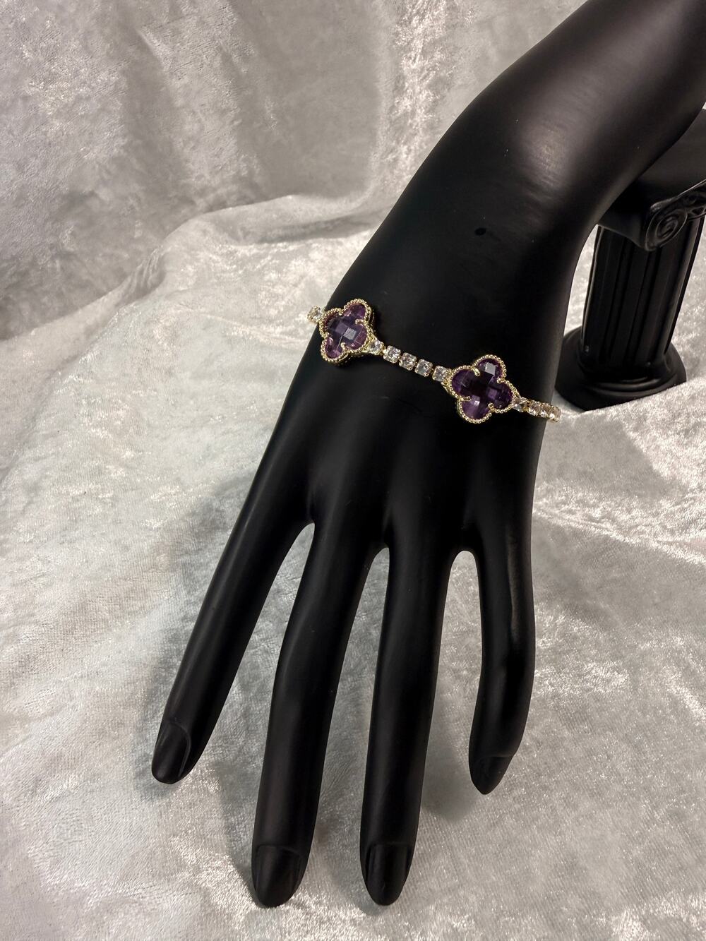 Purple CZ Clover Bracelet Gold Plated Stainless Steel, Hypoallergenic